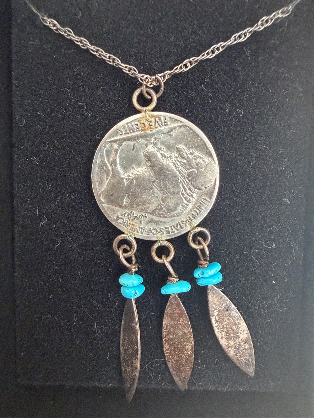 Turquoise Accent Buffalo Nickel Pendant Necklace - Silver Tone - Picture 2 of 2